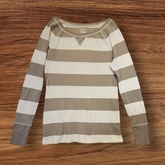 Old Navy Striped Thermal T-shirt waffle knit cream tan stripes Women’s Large - Picture 7 of 7